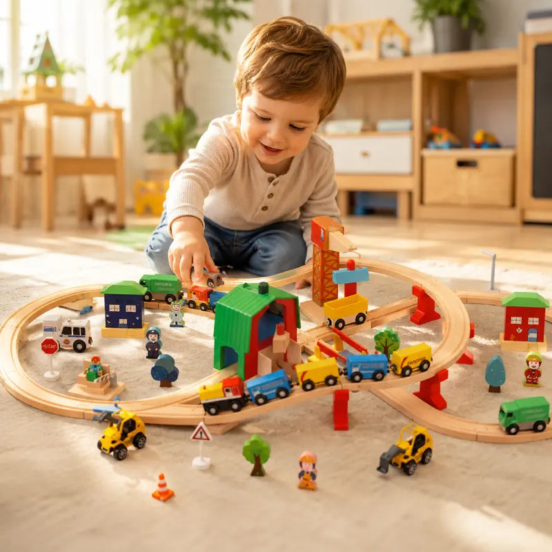 Circuit-et-Train-en-Bois-avec-Vehicules-garcon-2-ans