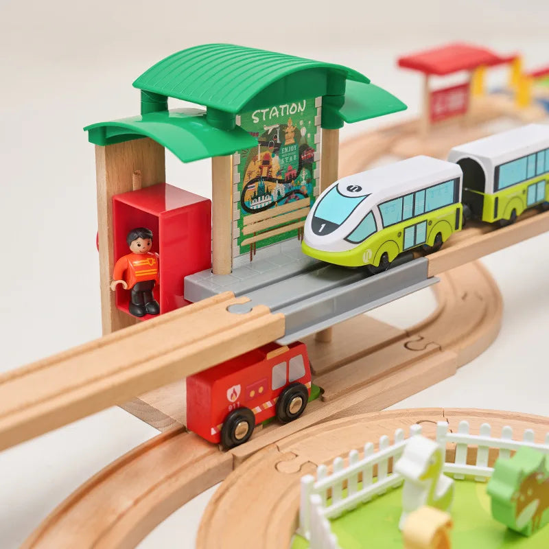 Grand Circuit Train Bois Électrique avec Accessoires